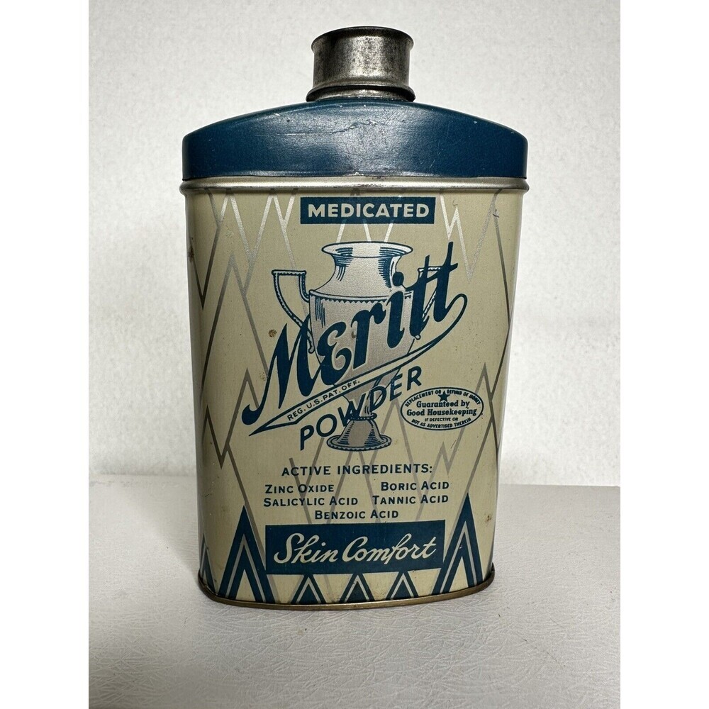 Vintage Tin Meritt Powder Medicated  Skin Comfort 2 Oz Blue Display‎  40’s/50’s